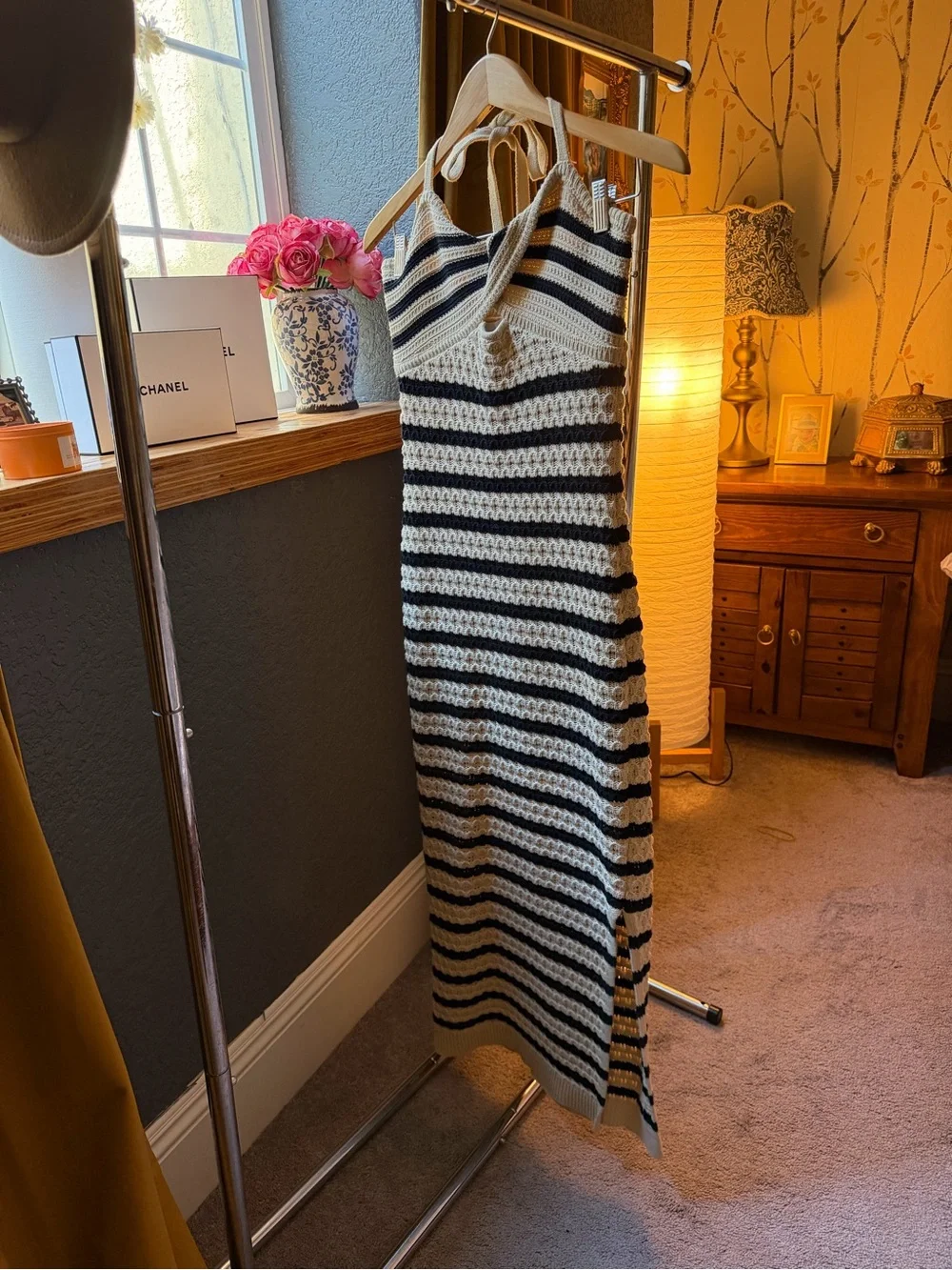 House of Harlow 1960 Striped Halter Midi Dress - Black & Cream - Picture 2 of 5